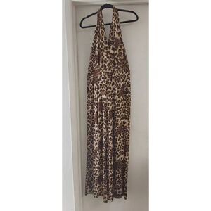 NWOT~VENUS Silky Leopard Print Front Slit Halter Style Jumpsuit Sz M